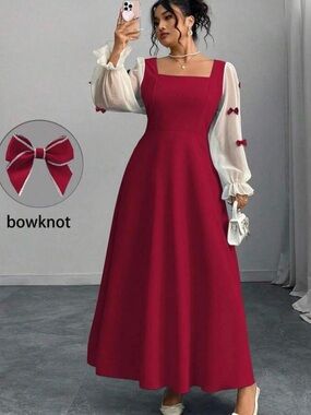 Elegant Red Square-Neck Maxi Dress with Sheer Sleeve Bows